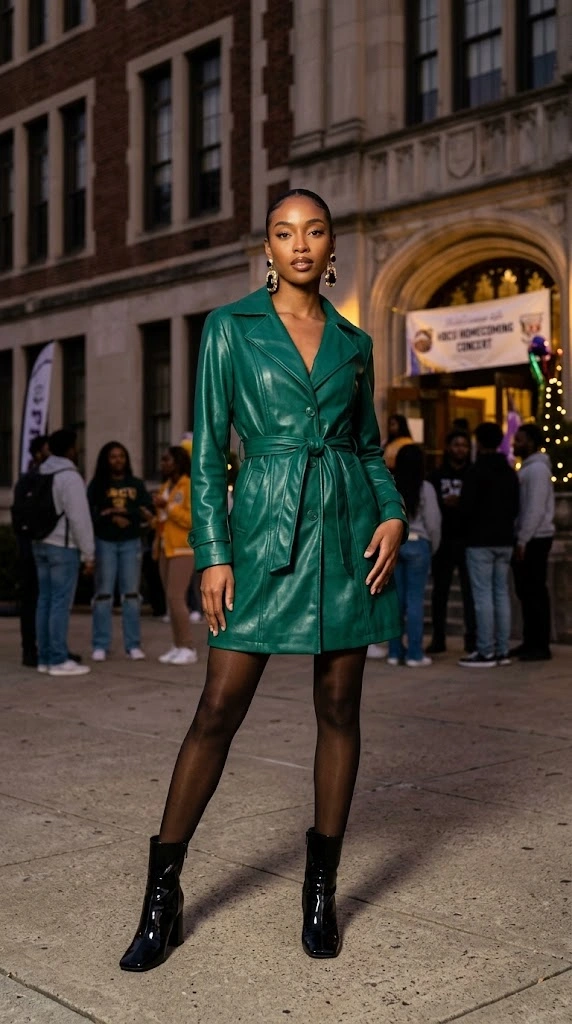 HBCU Homecoming Outfits-Bold Monochrome Trench Coat Heeled Booties