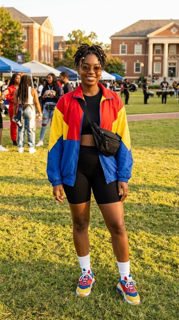 HBCU Homecoming Outfits - Colorblock Windbreaker Biker Shorts Set