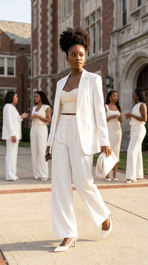 HBCU Homecoming Outfits-Crisp Monochromatic All-White Trouser Suit