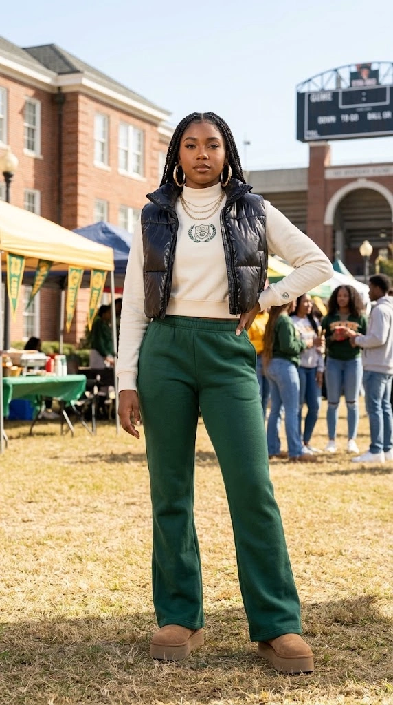HBCU Homecoming Outfits-Cropped Puffer Vest & Flared Sweatpants