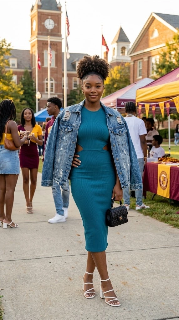 HBCU Homecoming Outfits-Cut-Out Knit Bodycon Dress with Oversized Denim Jacket