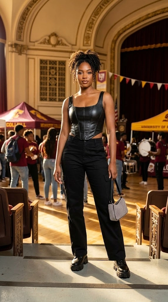 HBCU Homecoming Outfits-Faux Leather Corset Top Straight-Leg Cargo Trousers