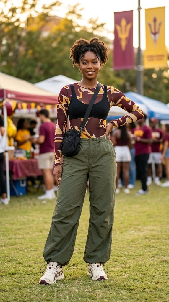 HBCU Homecoming Outfits-Mesh Game Day Bodysuit with Baggy Parachute Pants