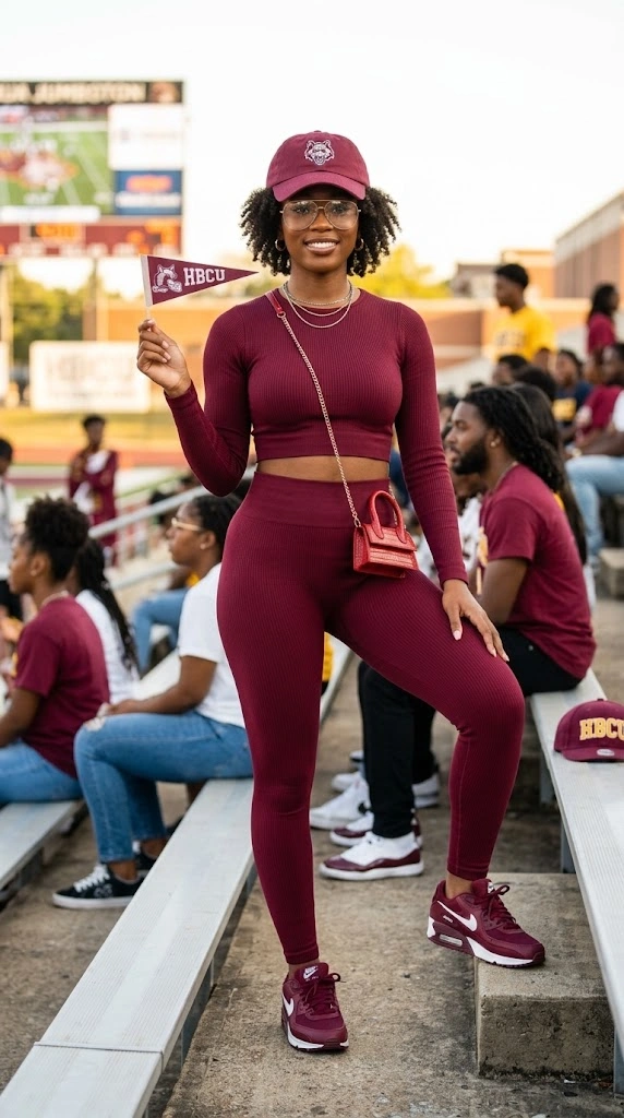 HBCU Homecoming Outfits-Monochromatic Athleisure Set with School Mascot Cap