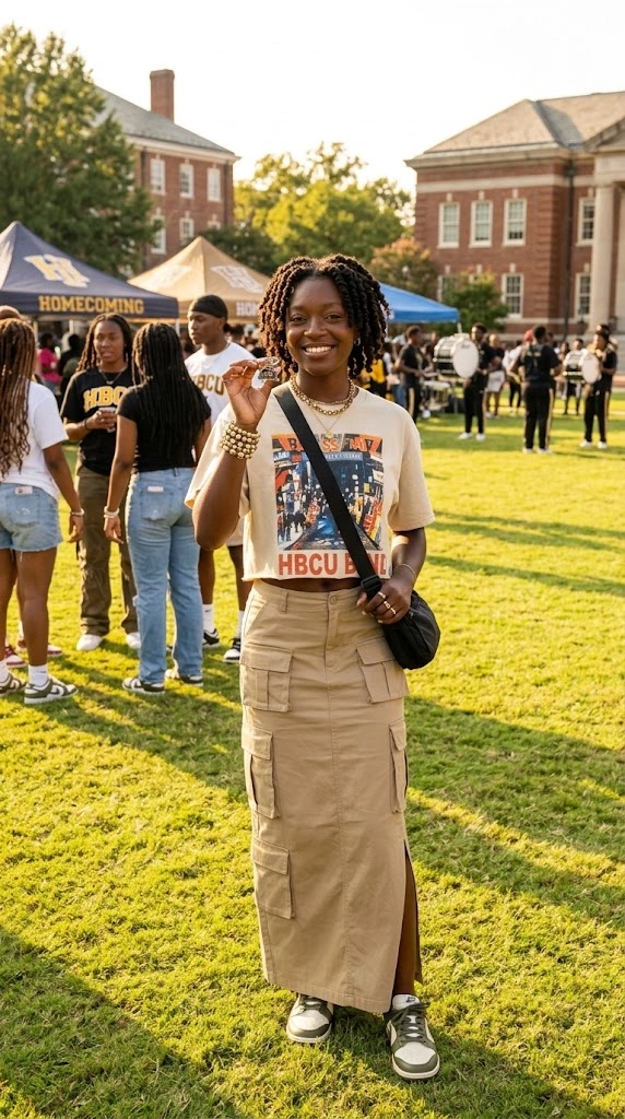 HBCU Homecoming Outfits-Reworked Graphic Band Tee Cargo Maxi Skirt