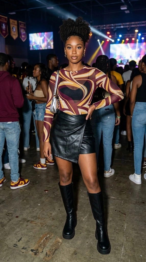 HBCU Homecoming Outfits-Sheer Mesh Long-Sleeve with High-Waist Leather Skirt
