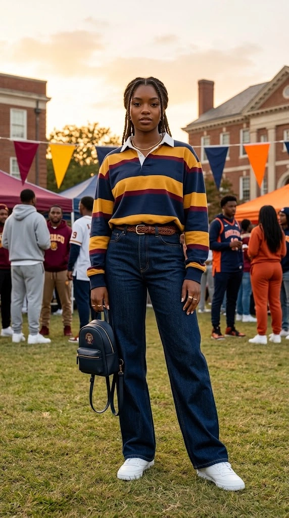 HBCU Homecoming Outfits-Striped Rugby Polo with Wide-Leg Denim