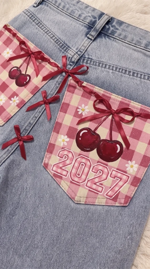 senior jeans painted ideas - Coquette Gingham Cherry Ribbon Jeans.