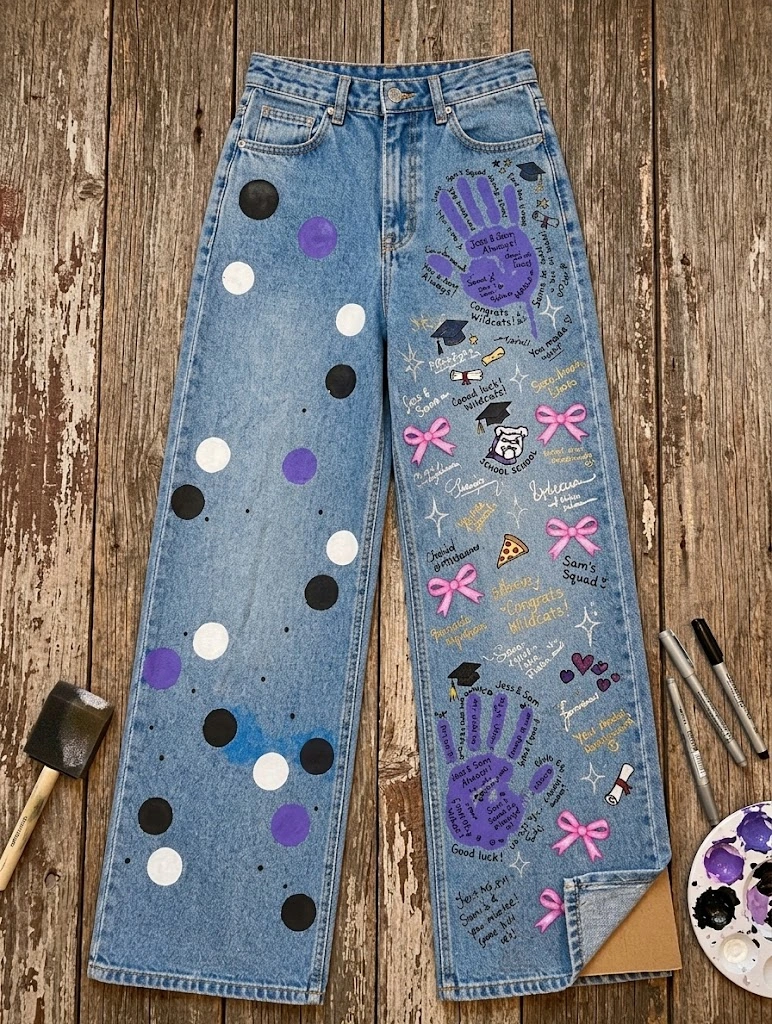 senior jeans painted ideas Hand-Printed Squad Signature Leg