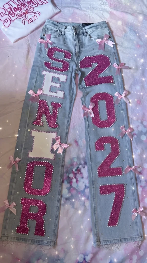 senior jeans painted ideas - Pearl-Studded Monogram Bows