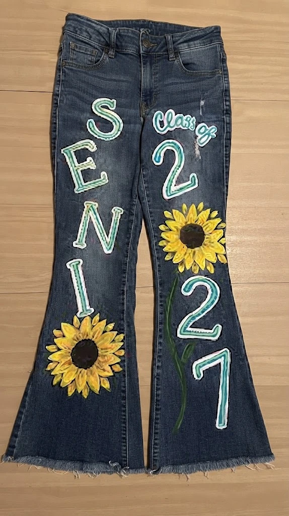 senior jeans painted ideas - Retro 70s Sunset Wave Daisy Flare