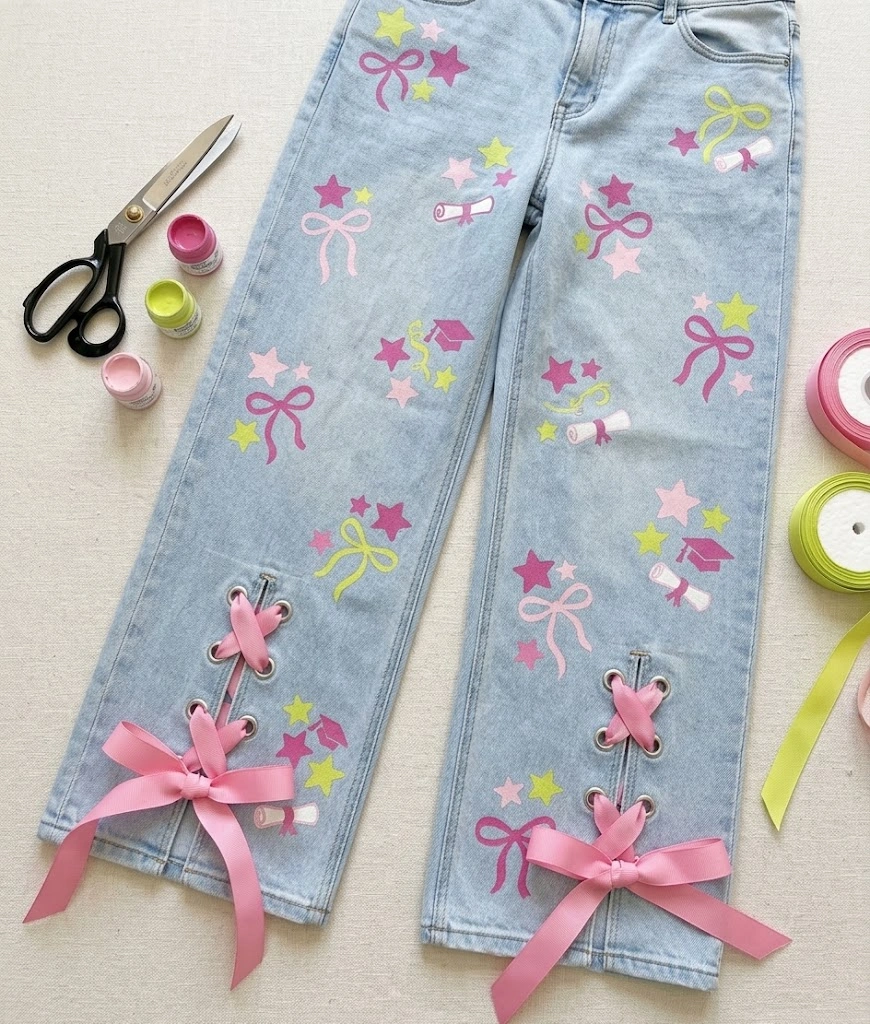 senior jeans painted ideas Slit-Hem Painted Ribbon Accents