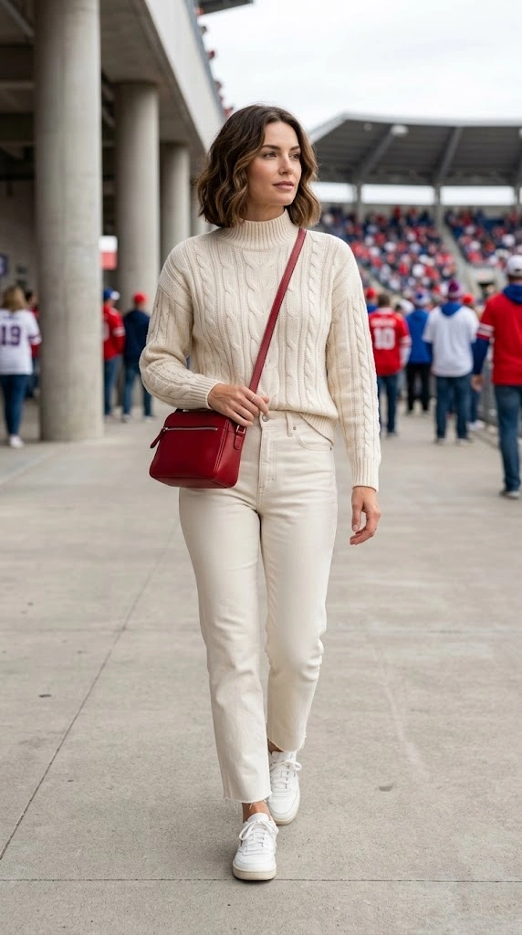 usa football theme outfit-All-White Stadium Chic with a Pop-of-Red Crossbody Bag