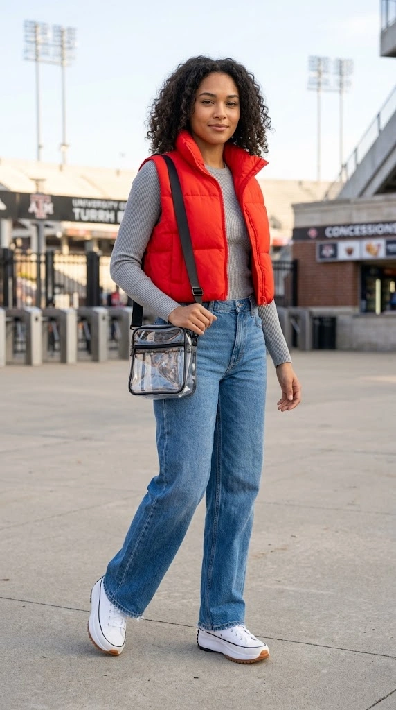 usa football theme outfit-Cropped Red Puffer Vest Relaxed Wide-Leg-Jeans