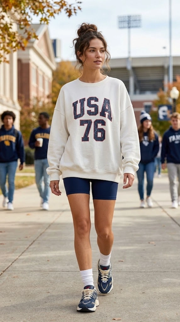 usa football theme outfit-Oversized USA Crewneck Pullover with Biker Shorts-