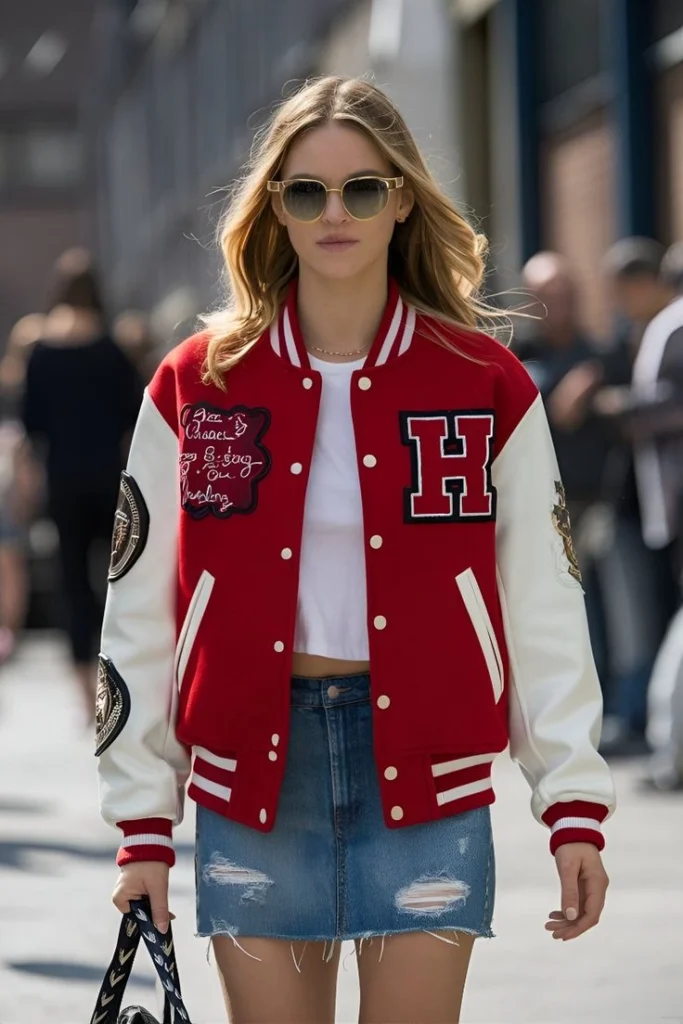 usa football theme outfit-Red Varsity Letterman Jacket Distressed Denim Mini Skirt